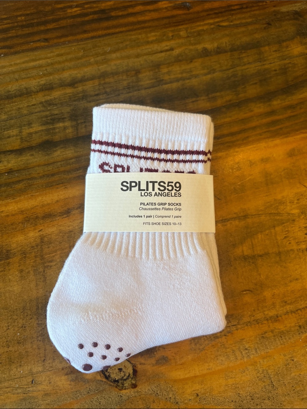 Splits59 White Athletic Pilates Grip Socks with Maroon Stripes